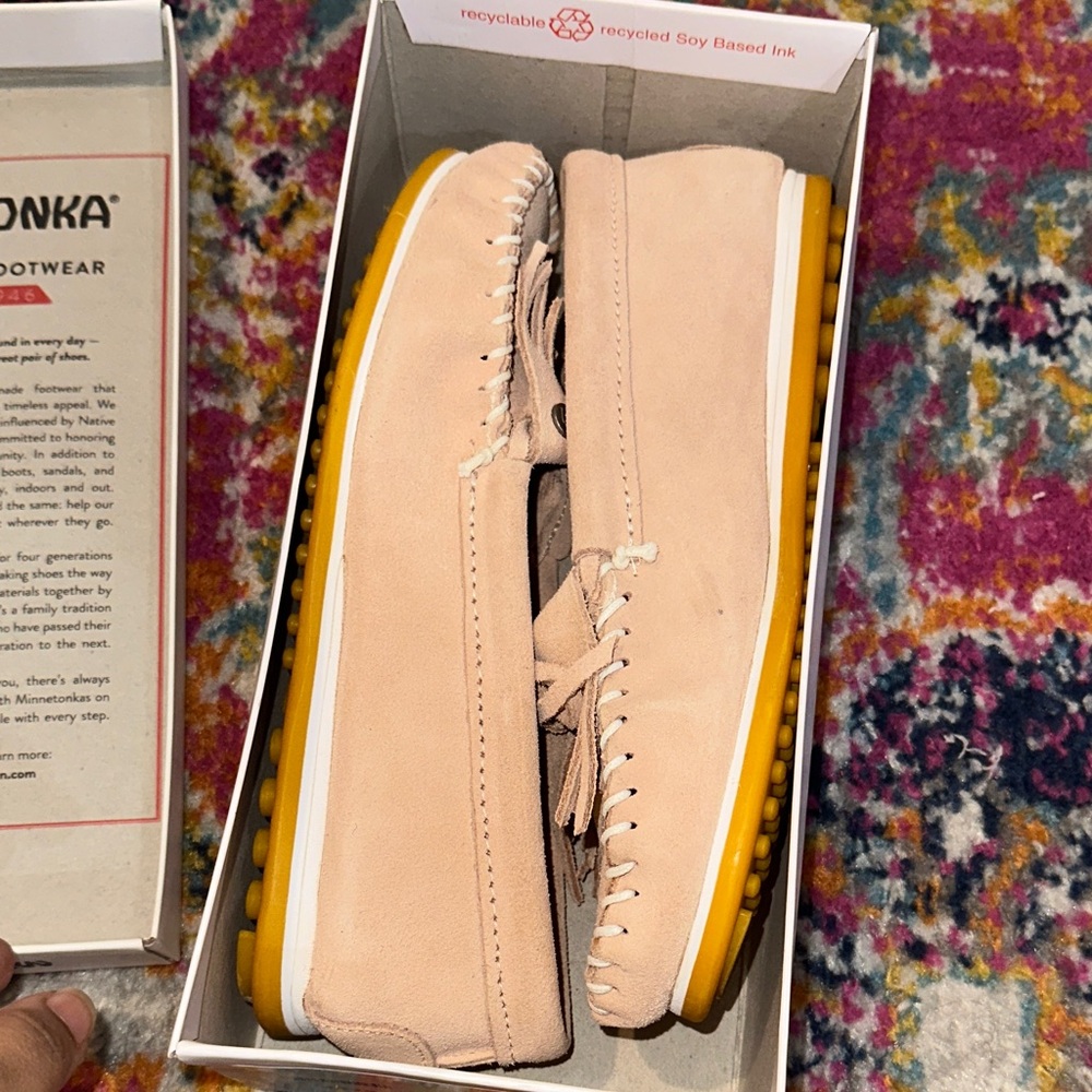 Minnetonka Cream Loafers with Yellow Soles